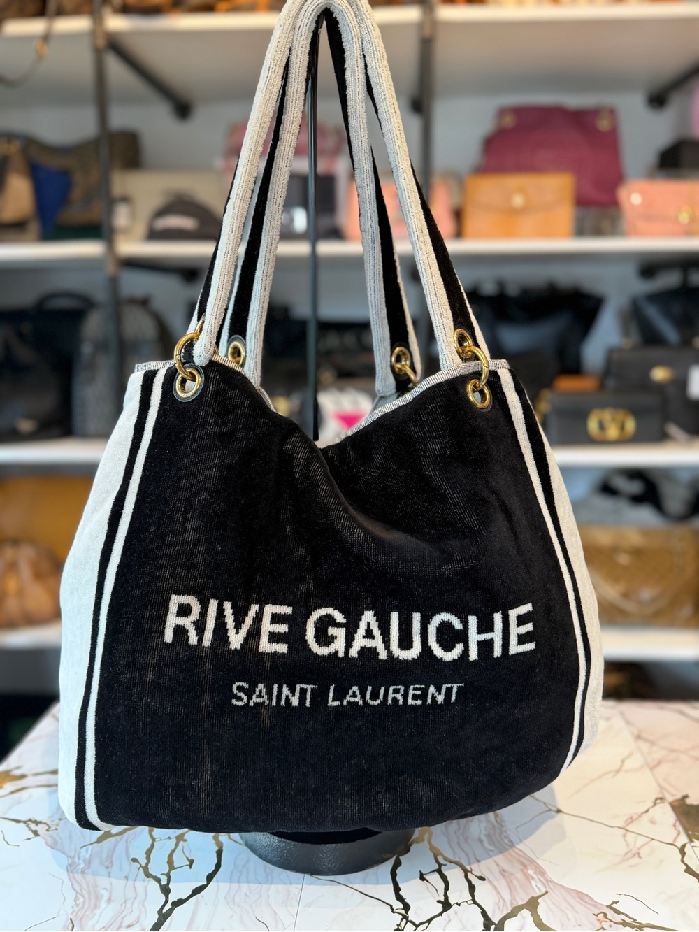 Saint Laurent Black and White Rive Gauche Canvas Shoulder Tote